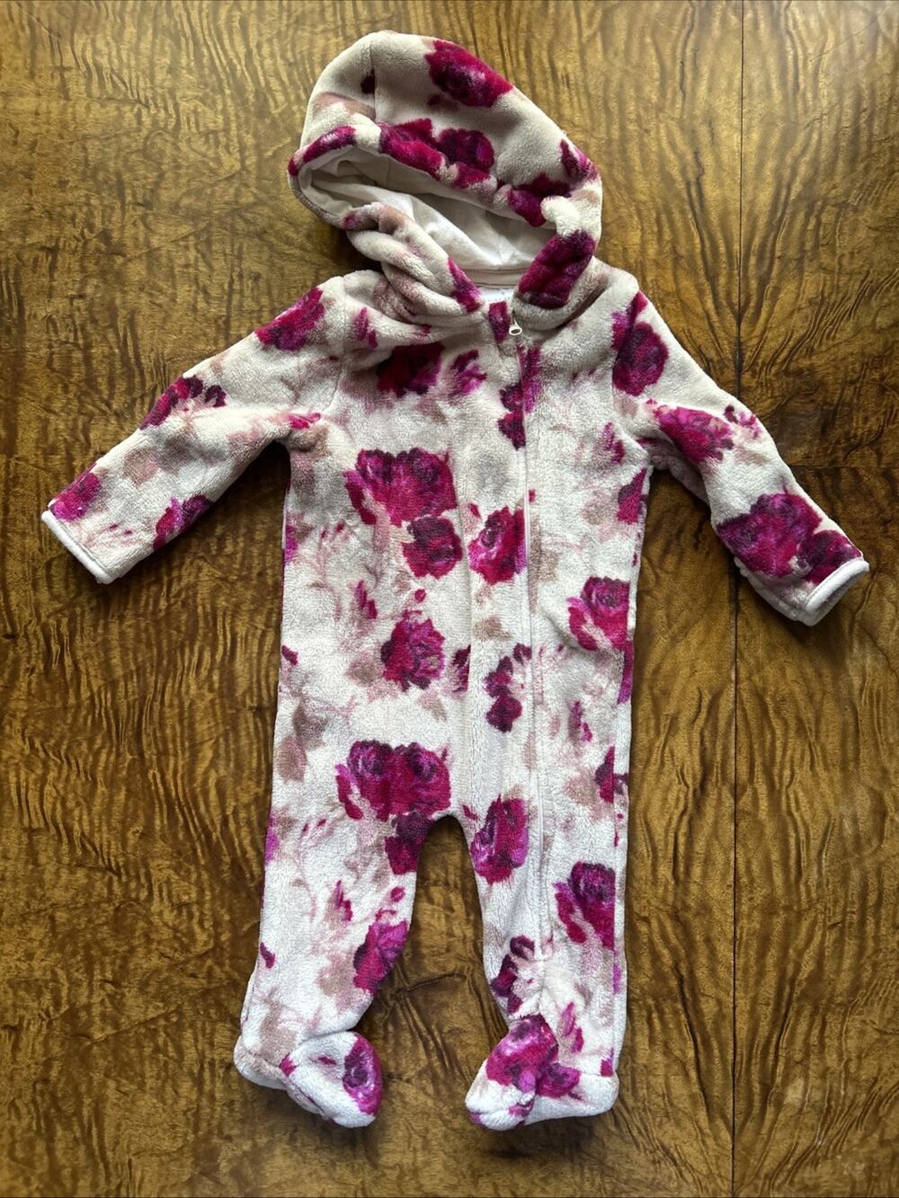Laura Ashley Sz 3-6 Mos Baby fleece Hooded Infant Sleeper Floral Pattern